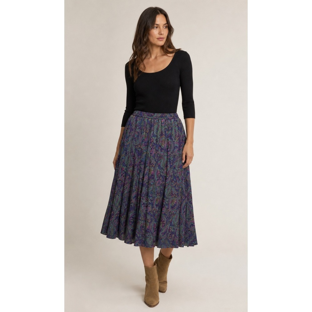 Vintage Russ Pleated Preppy Midi Skirt Womens 14 Purple Paisley Silky Satin